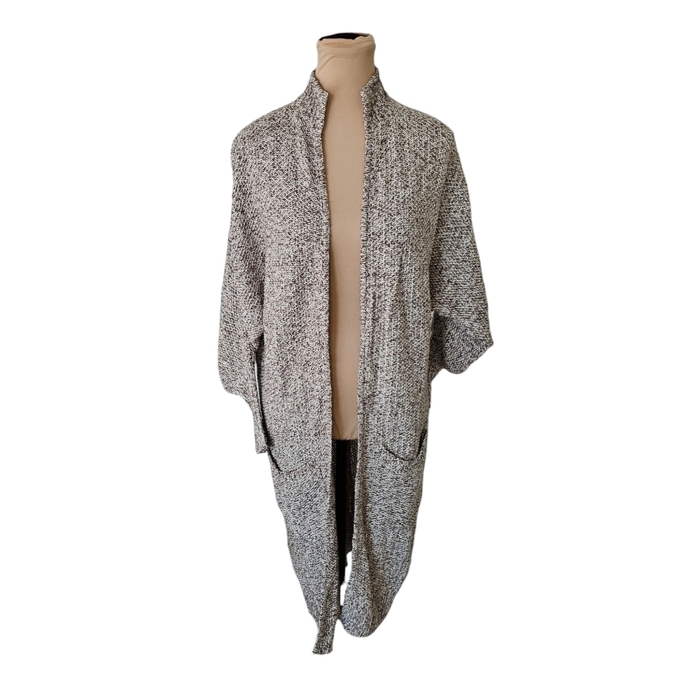 Backdrop Brown & White Knit Open Front Cardigan With Pockets Long Length Sz S